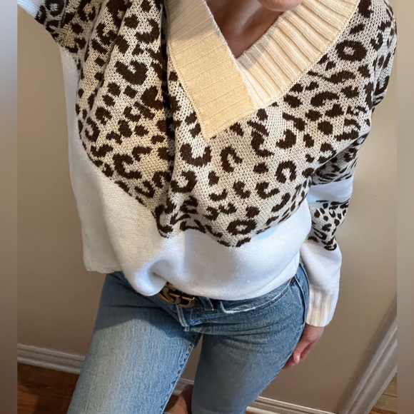 Leopard colour block V neck pullover sweater - Picture 8 of 10